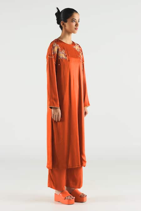Shop Til Orange Cotton, Linen Embroidery Round Neck Sedona Boyfriend Kurta And Pant Set at Aza Fashions Shop_Til_Orange Cotton, Linen Embroidery Round Neck Sedona Boyfriend Kurta And Pant Set _at_Aza_Fashions