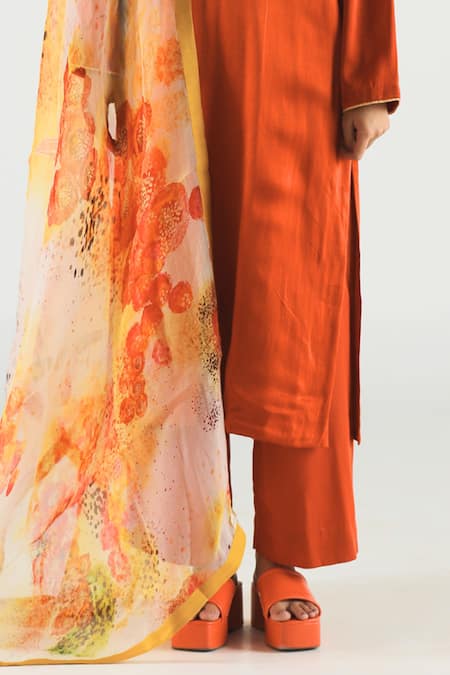Til Orange Cotton, Linen Embroidery Round Neck Sedona Boyfriend Kurta And Pant Set Online at Aza Fashions Til_Orange Cotton, Linen Embroidery Round Neck Sedona Boyfriend Kurta And Pant Set _Online_at_Aza_Fashions