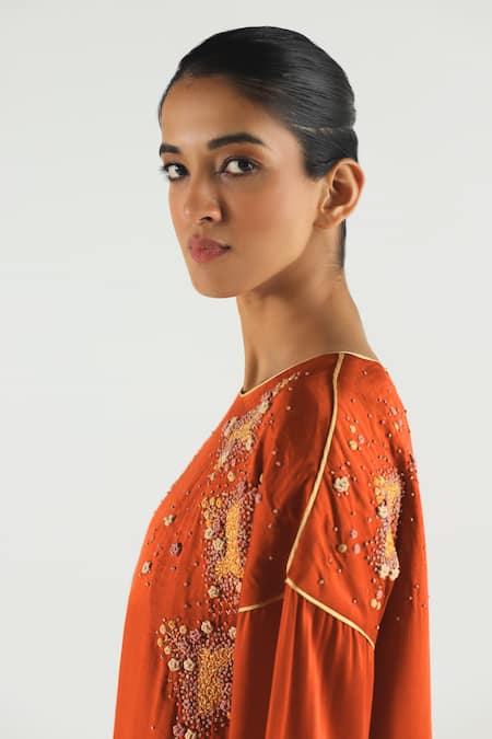 Shop Til Orange Cotton, Linen Embroidery Round Neck Sedona Boyfriend Kurta And Pant Set Online at Aza Fashions Shop_Til_Orange Cotton, Linen Embroidery Round Neck Sedona Boyfriend Kurta And Pant Set _Online_at_Aza_Fashions