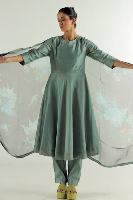 Shop_Til_Blue Silk, Cotton, Chanderi Round Neck Anarkali And Pant Set _at_Aza_Fashions