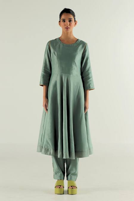 Til_Blue Silk, Cotton, Chanderi Round Neck Anarkali And Pant Set _Online_at_Aza_Fashions