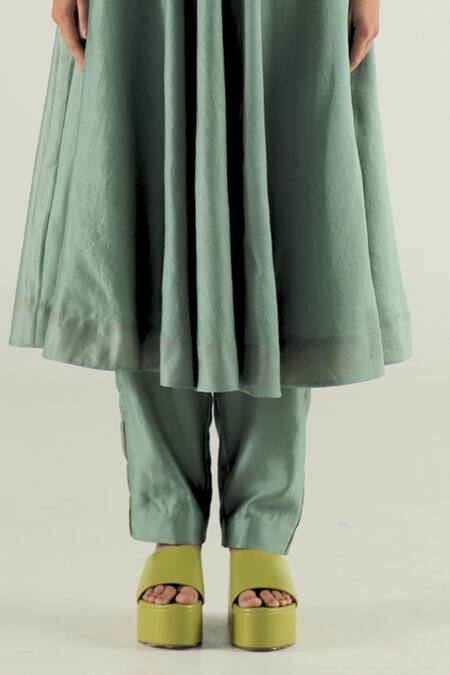 Buy_Til_Blue Silk, Cotton, Chanderi Round Neck Anarkali And Pant Set _Online_at_Aza_Fashions