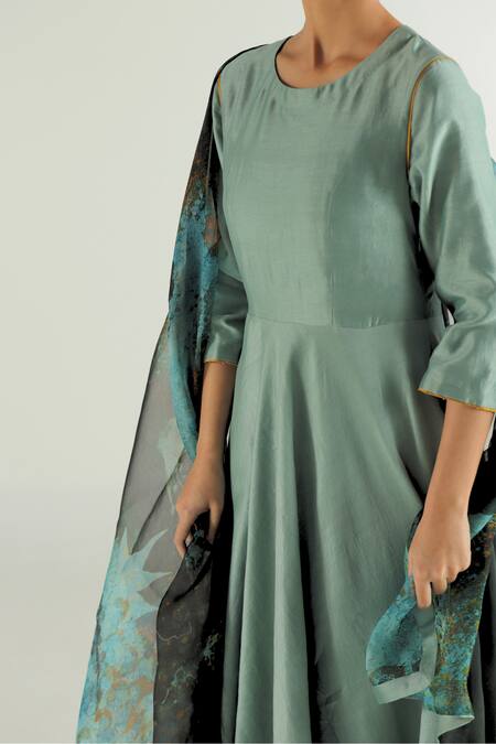 Shop_Til_Blue Silk, Cotton, Chanderi Round Neck Anarkali And Pant Set _Online_at_Aza_Fashions