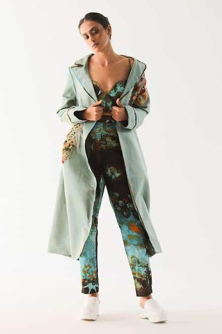TIL Blue Cotton Silk Satin Hand Embroidered And Dyed Thread Impasto Trench Jacket