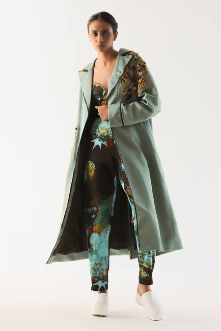 Til_Blue Cotton Satin Embroidery Collared Impasto Trench Jacket _Online_at_Aza_Fashions