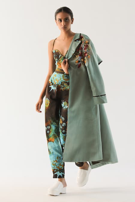 Buy_Til_Blue Cotton Satin Embroidery Collared Impasto Trench Jacket _Online_at_Aza_Fashions