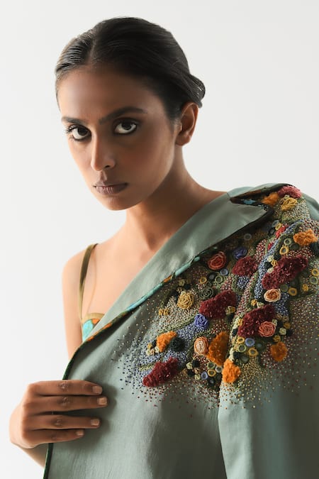 Shop_Til_Blue Cotton Satin Embroidery Collared Impasto Trench Jacket _Online_at_Aza_Fashions