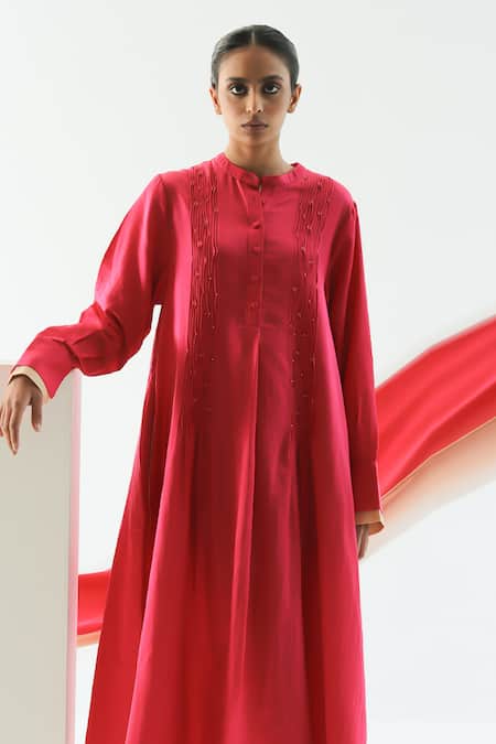 Til_Pink Cotton Satin Mandarin Collar Pintuck Placement Dress _Online_at_Aza_Fashions