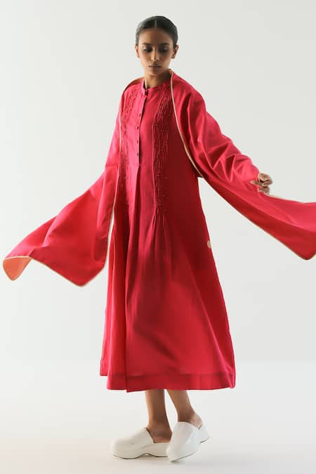 Buy_Til_Pink Cotton Satin Mandarin Collar Pintuck Placement Dress _Online_at_Aza_Fashions