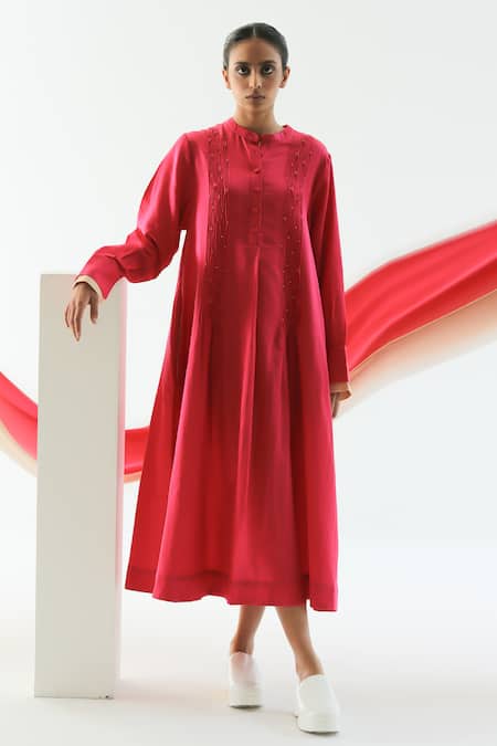 Shop_Til_Pink Cotton Satin Mandarin Collar Pintuck Placement Dress _Online_at_Aza_Fashions