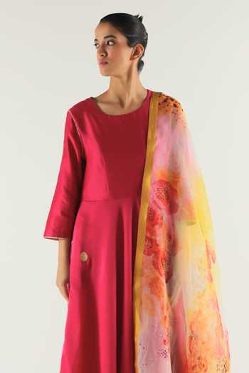 Shop_Til_Pink Silk, Chanderi Round Neck Solid Anarkali With Pant _Online_at_Aza_Fashions