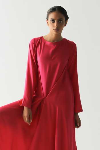Til_Pink Cotton Round Neck Solid Draped Wrap Dress _Online_at_Aza_Fashions