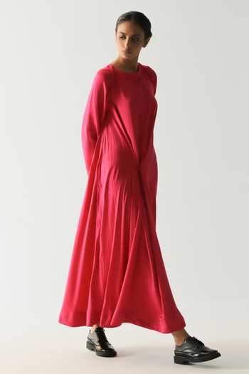 Buy_Til_Pink Cotton Round Neck Solid Draped Wrap Dress _Online_at_Aza_Fashions
