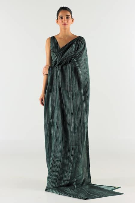 Shop_Til_Green Satin, V-neck Stripe Print Saree With Blouse _at_Aza_Fashions