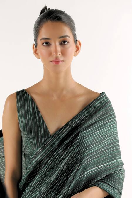 Til_Green Satin, V-neck Stripe Print Saree With Blouse _Online_at_Aza_Fashions