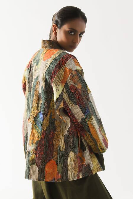 Shop Til Multi Color Cotton, Silk Satin Embroidery Open Neck Abstract Patchwork Jacket at Aza Fashions Shop_Til_Multi Color Cotton, Silk Satin Embroidery Open Neck Abstract Patchwork Jacket_at_Aza_Fashions