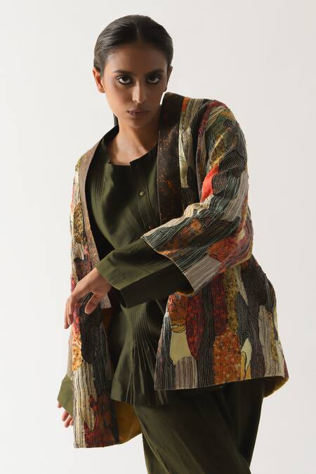 Til Multi Color Cotton, Silk Satin Embroidery Open Neck Abstract Patchwork Jacket Online at Aza Fashions Til_Multi Color Cotton, Silk Satin Embroidery Open Neck Abstract Patchwork Jacket_Online_at_Aza_Fashions