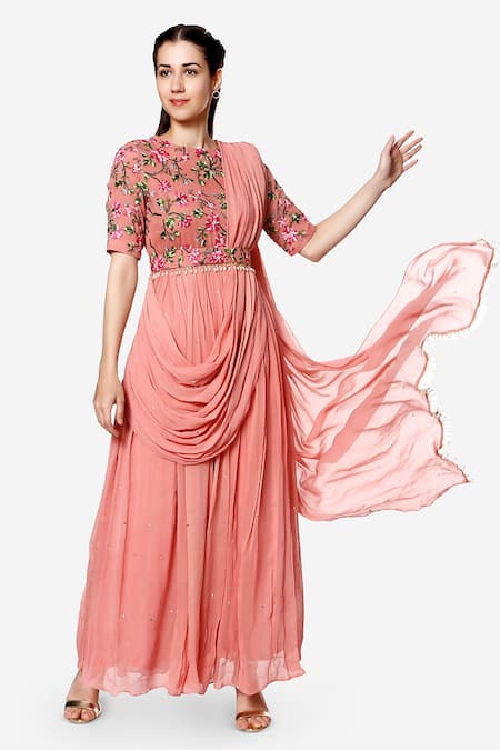 Bha sha Analiya Floral Embroidered Draped Anarkali 