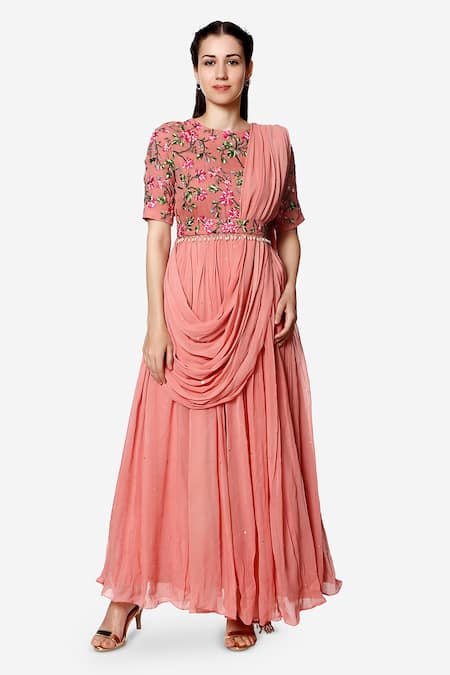 Bha Sha_Pink Georgette Embroidery, Beads, Tassels Round Analiya Floral Draped Anarkali_Online_at_Aza_Fashions