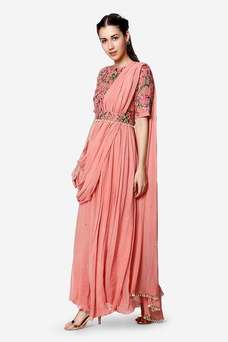 Buy_Bha Sha_Pink Georgette Embroidery, Beads, Tassels Round Analiya Floral Draped Anarkali_Online_at_Aza_Fashions