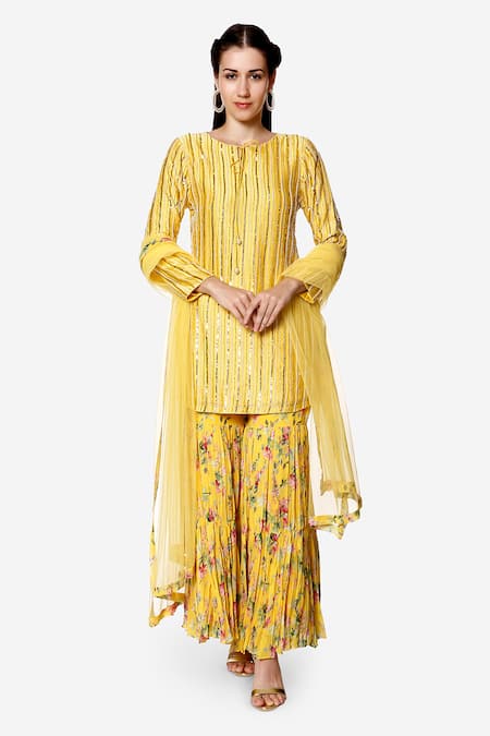 Bha sha Yellow Kurta- Chanderi Printed Floral Round Nysha Sharara Set 