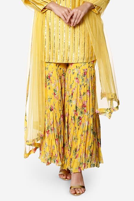 Bha Sha_Yellow Chanderi, Georgette, Net Pearls, Nysha Floral Print Kurta Sharara Set _Online_at_Aza_Fashions