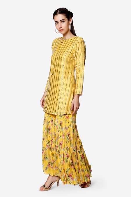 Buy_Bha Sha_Yellow Chanderi, Georgette, Net Pearls, Nysha Floral Print Kurta Sharara Set _Online_at_Aza_Fashions