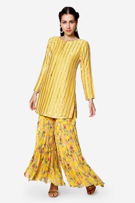 Shop_Bha Sha_Yellow Chanderi, Georgette, Net Pearls, Nysha Floral Print Kurta Sharara Set _Online_at_Aza_Fashions