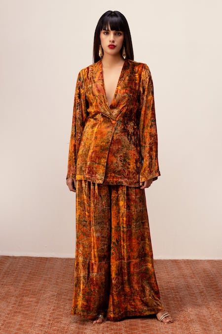 REENA SHARMA Orange Viscose Velvet Print Floral Plunging V Nargis Jacket With Pleated Pant 