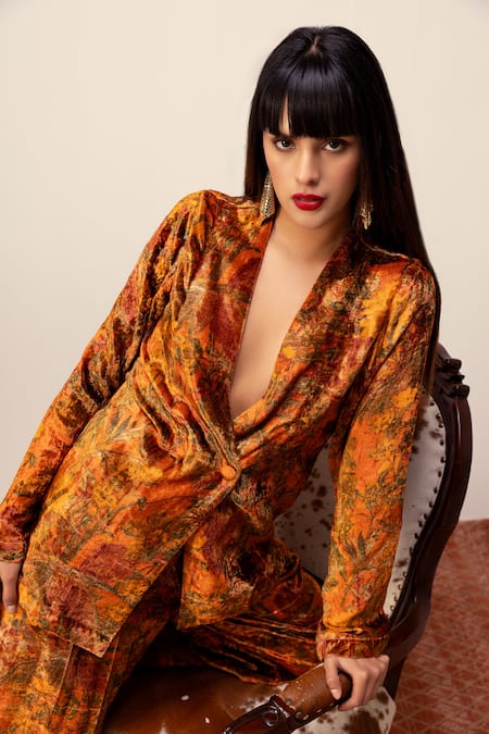 Shop Reena Sharma Orange Viscose, Velvet Embroidery Plunge Nargis Print Jacket With Pleated Pant Online at Aza Fashions Shop_Reena Sharma_Orange Viscose, Velvet Embroidery Plunge Nargis Print Jacket With Pleated Pant _Online_at_Aza_Fashions