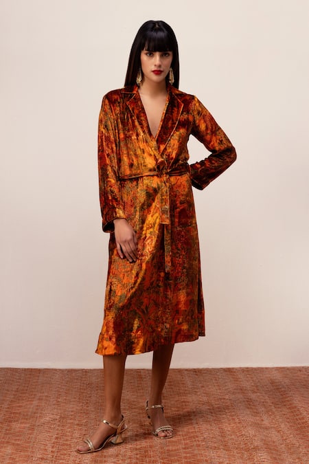 Reena Sharma Orange Velvet Collared Nargis Print Dress With Belt 