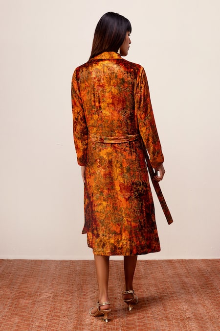 Shop Reena Sharma Orange Velvet Collared Nargis Print Dress With Belt at Aza Fashions Shop_Reena Sharma_Orange Velvet Collared Nargis Print Dress With Belt _at_Aza_Fashions