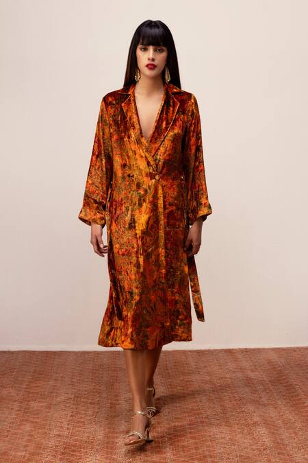 Buy Reena Sharma Orange Velvet Collared Nargis Print Dress With Belt Online at Aza Fashions Buy_Reena Sharma_Orange Velvet Collared Nargis Print Dress With Belt _Online_at_Aza_Fashions
