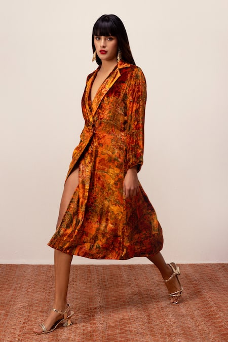 Shop Reena Sharma Orange Velvet Collared Nargis Print Dress With Belt Online at Aza Fashions Shop_Reena Sharma_Orange Velvet Collared Nargis Print Dress With Belt _Online_at_Aza_Fashions