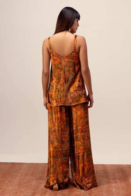 Shop Reena Sharma Orange Viscose, Velvet Sweetheart Neck Nargis Print Cami Top With Pant at Aza Fashions Shop_Reena Sharma_Orange Viscose, Velvet Sweetheart Neck Nargis Print Cami Top With Pant _at_Aza_Fashions