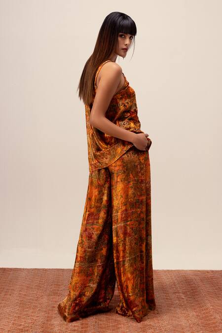 Buy Reena Sharma Orange Viscose, Velvet Sweetheart Neck Nargis Print Cami Top With Pant Online at Aza Fashions Buy_Reena Sharma_Orange Viscose, Velvet Sweetheart Neck Nargis Print Cami Top With Pant _Online_at_Aza_Fashions