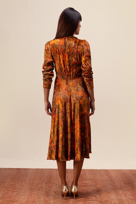 Shop Reena Sharma Orange Viscose, Velvet Round Neck Nargis Print Midi Dress at Aza Fashions Shop_Reena Sharma_Orange Viscose, Velvet Round Neck Nargis Print Midi Dress _at_Aza_Fashions