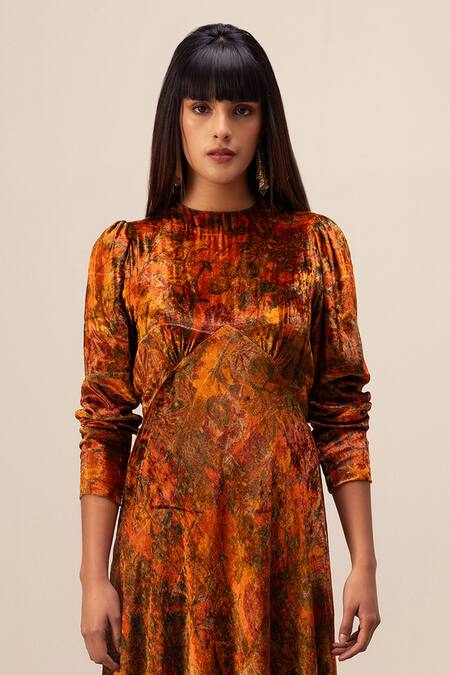 Reena Sharma Orange Viscose, Velvet Round Neck Nargis Print Midi Dress Online at Aza Fashions Reena Sharma_Orange Viscose, Velvet Round Neck Nargis Print Midi Dress _Online_at_Aza_Fashions