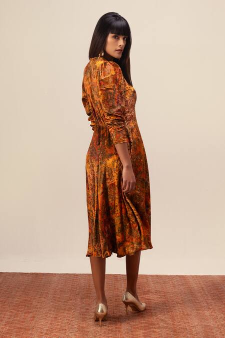Buy Reena Sharma Orange Viscose, Velvet Round Neck Nargis Print Midi Dress Online at Aza Fashions Buy_Reena Sharma_Orange Viscose, Velvet Round Neck Nargis Print Midi Dress _Online_at_Aza_Fashions