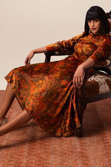 Shop Reena Sharma Orange Viscose, Velvet Round Neck Nargis Print Midi Dress Online at Aza Fashions Shop_Reena Sharma_Orange Viscose, Velvet Round Neck Nargis Print Midi Dress _Online_at_Aza_Fashions