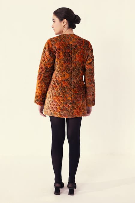 Shop Reena Sharma Orange Viscose Embroidery Open Neck Nargis Print Quilted Jacket at Aza Fashions Shop_Reena Sharma_Orange Viscose Embroidery Open Neck Nargis Print Quilted Jacket _at_Aza_Fashions