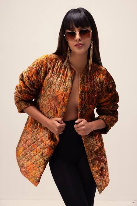Reena Sharma Orange Viscose Embroidery Open Neck Nargis Print Quilted Jacket Online at Aza Fashions Reena Sharma_Orange Viscose Embroidery Open Neck Nargis Print Quilted Jacket _Online_at_Aza_Fashions