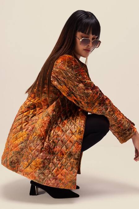 Buy Reena Sharma Orange Viscose Embroidery Open Neck Nargis Print Quilted Jacket Online at Aza Fashions Buy_Reena Sharma_Orange Viscose Embroidery Open Neck Nargis Print Quilted Jacket _Online_at_Aza_Fashions