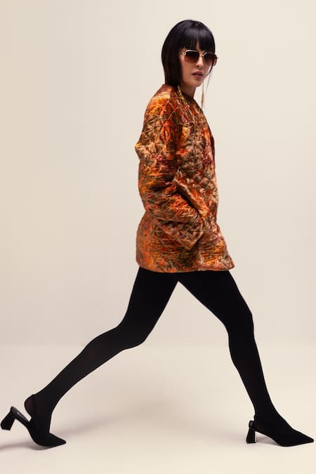 Shop Reena Sharma Orange Viscose Embroidery Open Neck Nargis Print Quilted Jacket Online at Aza Fashions Shop_Reena Sharma_Orange Viscose Embroidery Open Neck Nargis Print Quilted Jacket _Online_at_Aza_Fashions