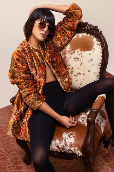 Reena Sharma Orange Viscose Embroidery Open Neck Nargis Print Quilted Jacket at Aza Fashions Reena Sharma_Orange Viscose Embroidery Open Neck Nargis Print Quilted Jacket _at_Aza_Fashions