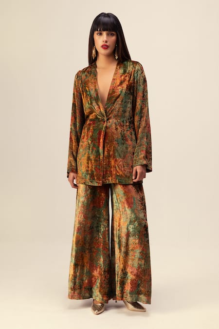 Reena Sharma Green Viscose, Velvet Plunge Neck Nargis Floral Print Jacket With Pant 