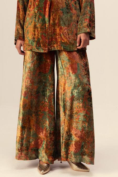 Shop Reena Sharma Green Viscose, Velvet Plunge Neck Nargis Floral Print Jacket With Pant Online at Aza Fashions Shop_Reena Sharma_Green Viscose, Velvet Plunge Neck Nargis Floral Print Jacket With Pant _Online_at_Aza_Fashions