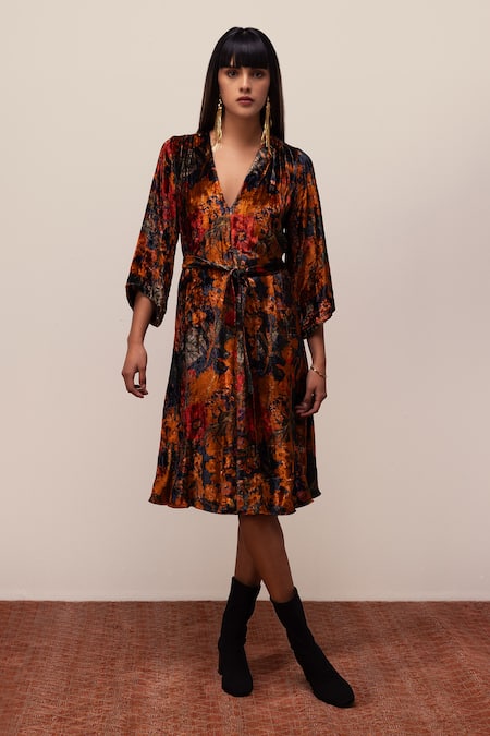 REENA SHARMA Blue Viscose Velvet Print Floral V Neck Nargis Abstract Dress With Belt 