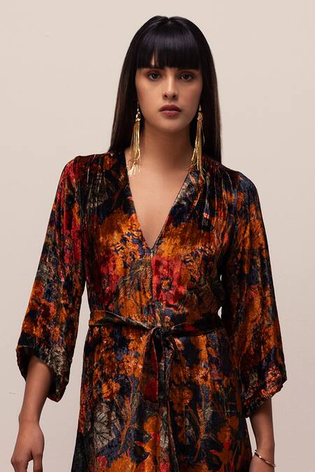 Shop Reena Sharma Blue Velvet Bows V-neck Nargis Abstract Floral Print Dress With Belt Online at Aza Fashions Shop_Reena Sharma_Blue Velvet Bows V-neck Nargis Abstract Floral Print Dress With Belt _Online_at_Aza_Fashions