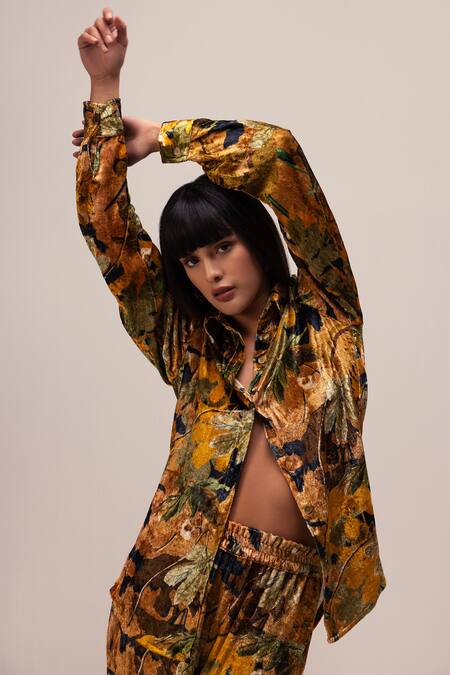 Buy_Reena Sharma_Yellow Viscose, Velvet Collared Rhea Floral Print Shirt With Pant _Online_at_Aza_Fashions